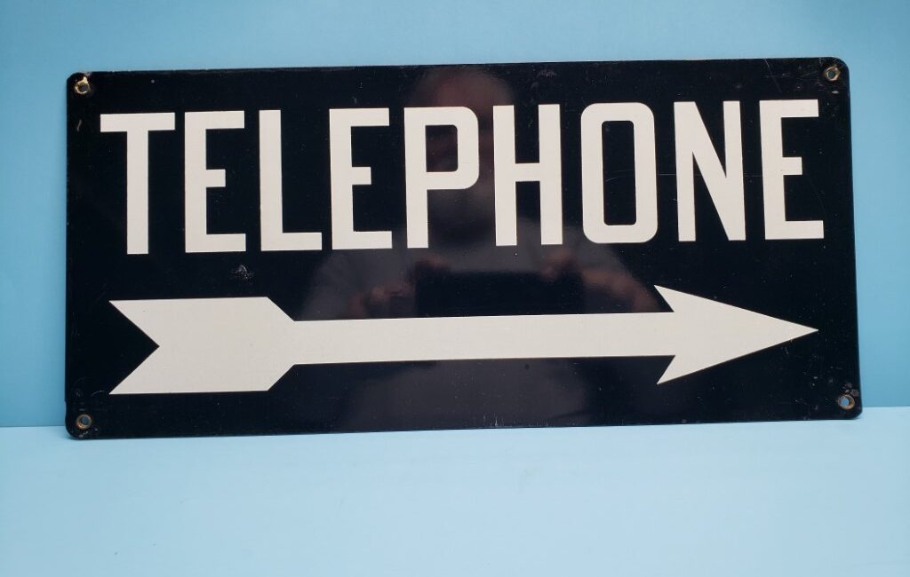 Black Porcelain Directional Arrow Public Telephone Sign